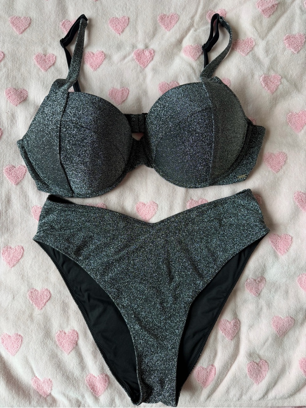 PINK Victoria's Secret Glittery Black Push-Up Bikini Set